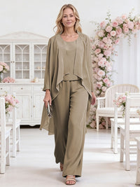 Scoop Neck Three-Piece Ruffle Floor-Length Mother of the Bride Pan Suits with Jacket
