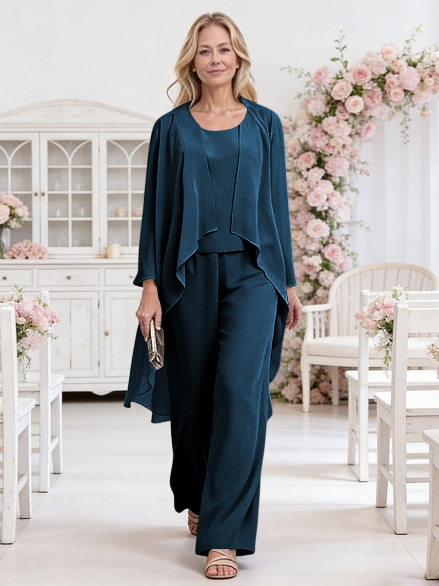 Scoop Neck Three-Piece Ruffle Floor-Length Mother of the Bride Pan Suits with Jacket