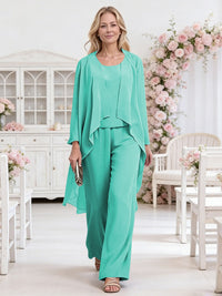 Scoop Neck Three-Piece Ruffle Floor-Length Mother of the Bride Pan Suits with Jacket