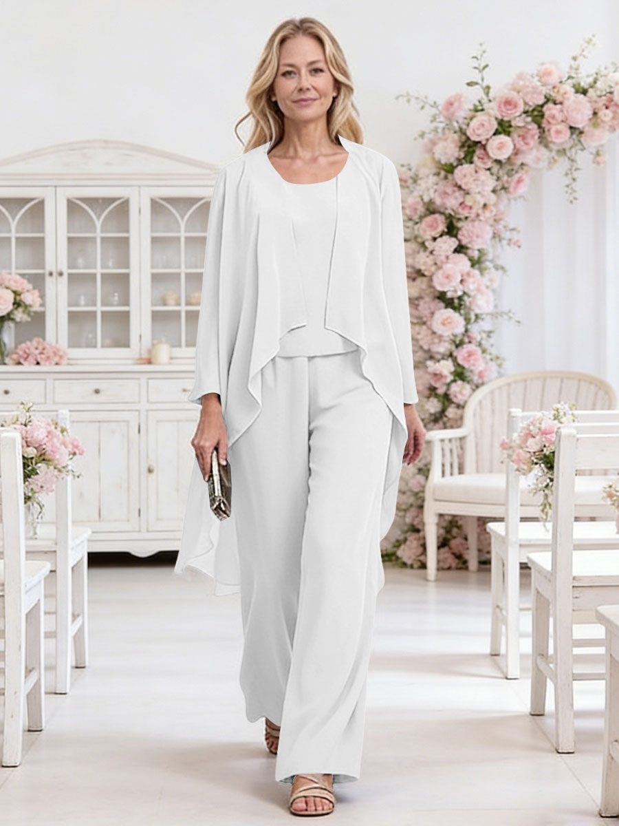 Scoop Neck Three-Piece Ruffle Floor-Length Mother of the Bride Pan Suits with Jacket