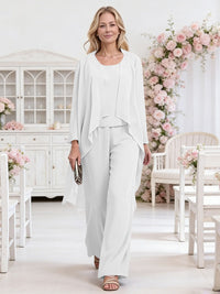 Scoop Neck Three-Piece Ruffle Floor-Length Mother of the Bride Pan Suits with Jacket