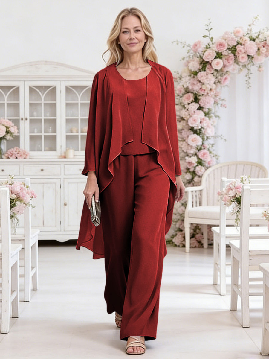 Scoop Neck Three-Piece Ruffle Floor-Length Mother of the Bride Pan Suits with Jacket