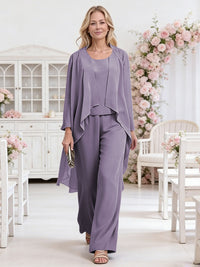 Scoop Neck Three-Piece Ruffle Floor-Length Mother of the Bride Pan Suits with Jacket