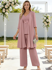 V-Neck Lace Appliques Floor-Length Mother of the Bride Pant Suits with Jacket