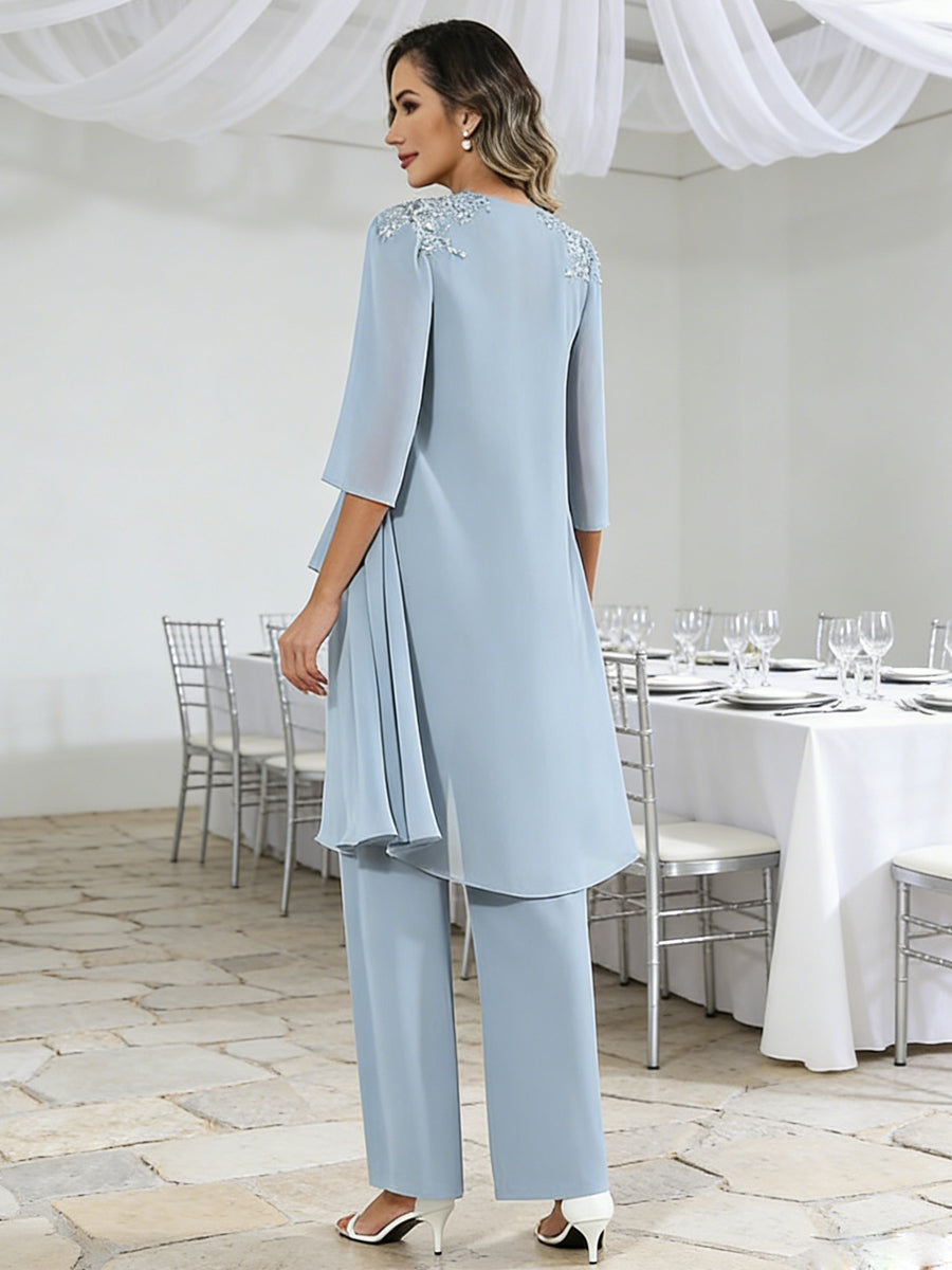 V-Neck Lace Appliques Floor-Length Mother of the Bride Pant Suits with Jacket
