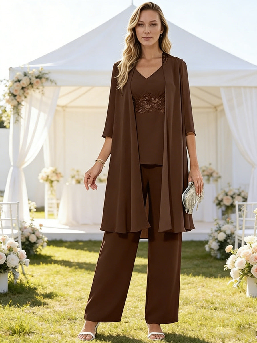 V-Neck Lace Appliques Floor-Length Mother of the Bride Pant Suits with Jacket