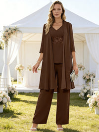 V-Neck Lace Appliques Floor-Length Mother of the Bride Pant Suits with Jacket
