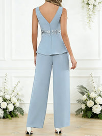 V-Neck Lace Appliques Floor-Length Mother of the Bride Pant Suits with Jacket