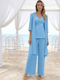 V-Neck Lace Appliques Floor-Length Mother of the Bride Pant Suits with Jacket