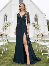 A-Line/Princess V-Neck Lace Sequins Appliques Floor-Length Mother of the Bride Dresses with Slit