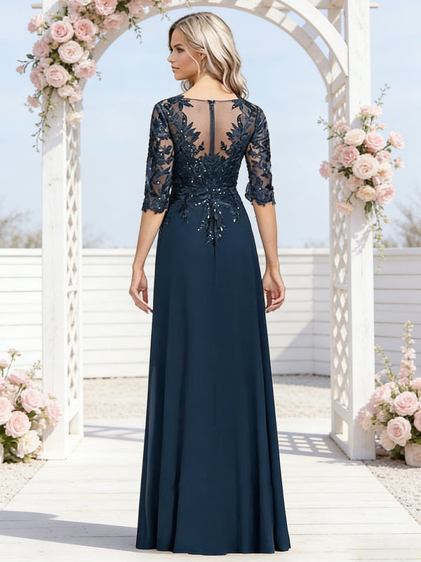 A-Line/Princess V-Neck Lace Sequins Appliques Floor-Length Mother of the Bride Dresses with Slit