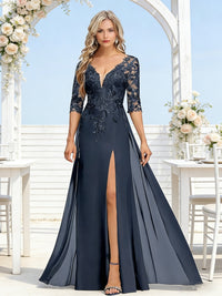 A-Line/Princess V-Neck Lace Sequins Appliques Floor-Length Mother of the Bride Dresses with Slit