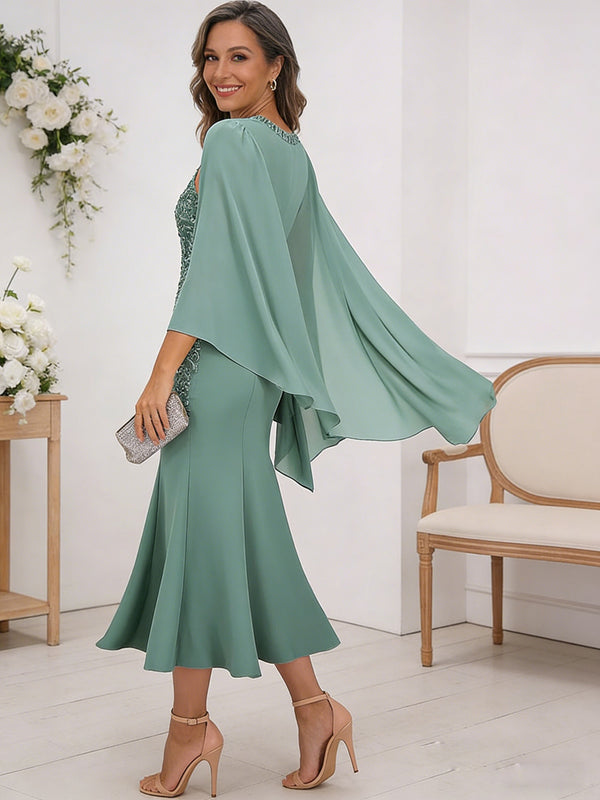 Sheath/Column Two-Piece Lace Appliques Tea-Length Mother of the Bride Dresses with Jacket