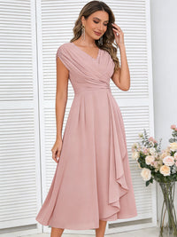A-Line/Princess V-Neck Pleated Ruffle Tea-Length Mother of the Bride Dresses with Appliques