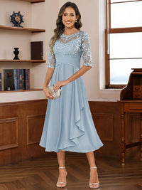 A-Line/Princess Scoop Illusion Lace Appliques Tea-Length Mother of the Bride Dresses with Pleated Ruffle