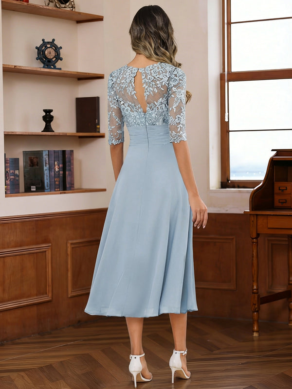 A-Line/Princess Scoop Illusion Lace Appliques Tea-Length Mother of the Bride Dresses with Pleated Ruffle