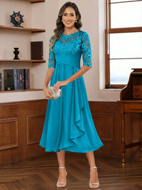 A-Line/Princess Scoop Illusion Lace Appliques Tea-Length Mother of the Bride Dresses with Pleated Ruffle