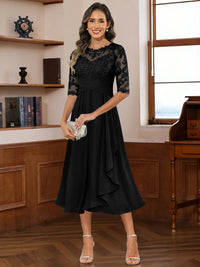 A-Line/Princess Scoop Illusion Lace Appliques Tea-Length Mother of the Bride Dresses with Pleated Ruffle