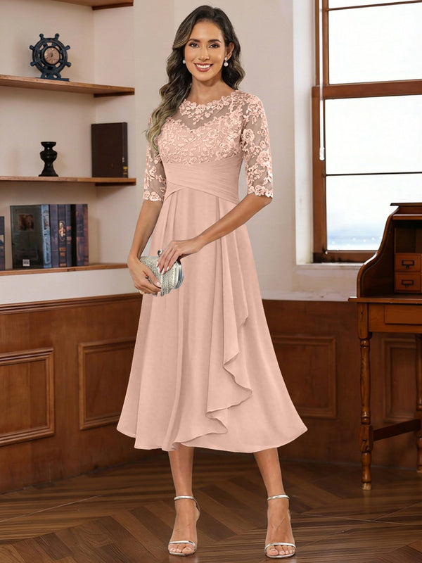 A-Line/Princess Scoop Illusion Lace Appliques Tea-Length Mother of the Bride Dresses with Pleated Ruffle