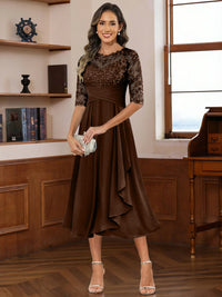 A-Line/Princess Scoop Illusion Lace Appliques Tea-Length Mother of the Bride Dresses with Pleated Ruffle