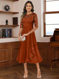 A-Line/Princess Scoop Illusion Lace Appliques Tea-Length Mother of the Bride Dresses with Pleated Ruffle