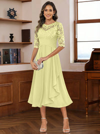 A-Line/Princess Scoop Illusion Lace Appliques Tea-Length Mother of the Bride Dresses with Pleated Ruffle