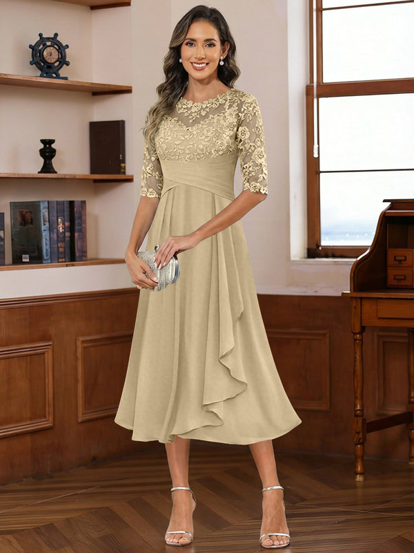 A-Line/Princess Scoop Illusion Lace Appliques Tea-Length Mother of the Bride Dresses with Pleated Ruffle