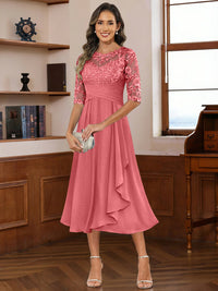 A-Line/Princess Scoop Illusion Lace Appliques Tea-Length Mother of the Bride Dresses with Pleated Ruffle