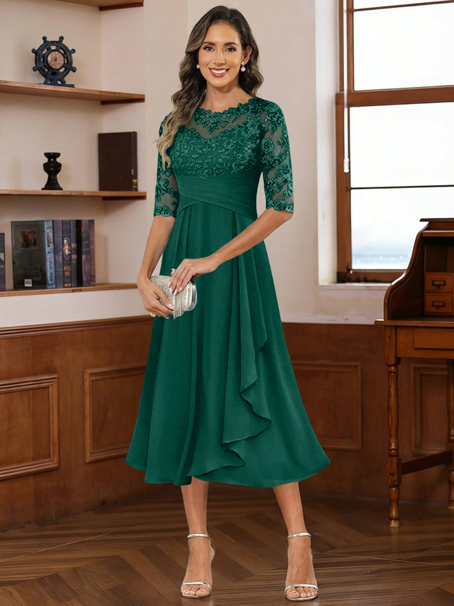 A-Line/Princess Scoop Illusion Lace Appliques Tea-Length Mother of the Bride Dresses with Pleated Ruffle