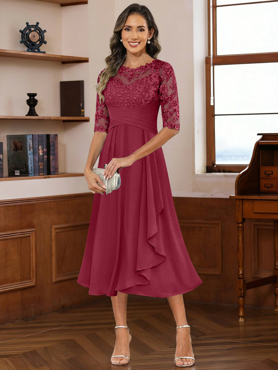 A-Line/Princess Scoop Illusion Lace Appliques Tea-Length Mother of the Bride Dresses with Pleated Ruffle