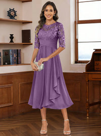 A-Line/Princess Scoop Illusion Lace Appliques Tea-Length Mother of the Bride Dresses with Pleated Ruffle