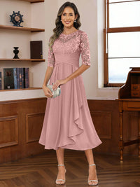 A-Line/Princess Scoop Illusion Lace Appliques Tea-Length Mother of the Bride Dresses with Pleated Ruffle