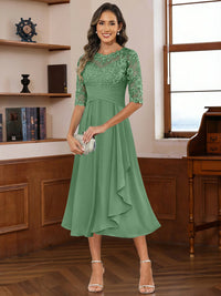 A-Line/Princess Scoop Illusion Lace Appliques Tea-Length Mother of the Bride Dresses with Pleated Ruffle
