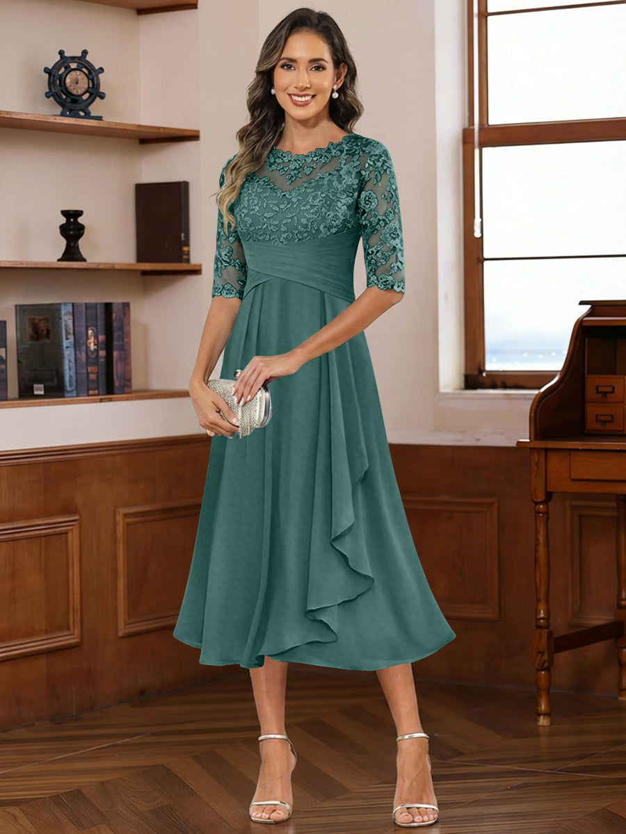 A-Line/Princess Scoop Illusion Lace Appliques Tea-Length Mother of the Bride Dresses with Pleated Ruffle