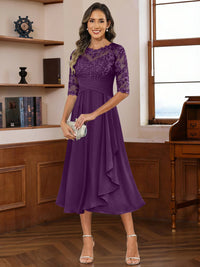 A-Line/Princess Scoop Illusion Lace Appliques Tea-Length Mother of the Bride Dresses with Pleated Ruffle