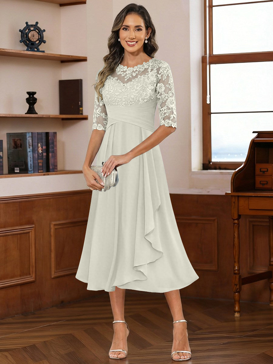 A-Line/Princess Scoop Illusion Lace Appliques Tea-Length Mother of the Bride Dresses with Pleated Ruffle