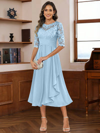 A-Line/Princess Scoop Illusion Lace Appliques Tea-Length Mother of the Bride Dresses with Pleated Ruffle