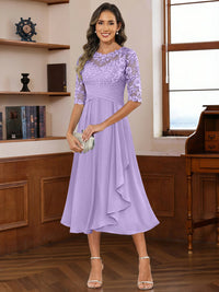 A-Line/Princess Scoop Illusion Lace Appliques Tea-Length Mother of the Bride Dresses with Pleated Ruffle