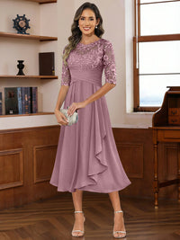 A-Line/Princess Scoop Illusion Lace Appliques Tea-Length Mother of the Bride Dresses with Pleated Ruffle