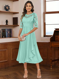A-Line/Princess Scoop Illusion Lace Appliques Tea-Length Mother of the Bride Dresses with Pleated Ruffle