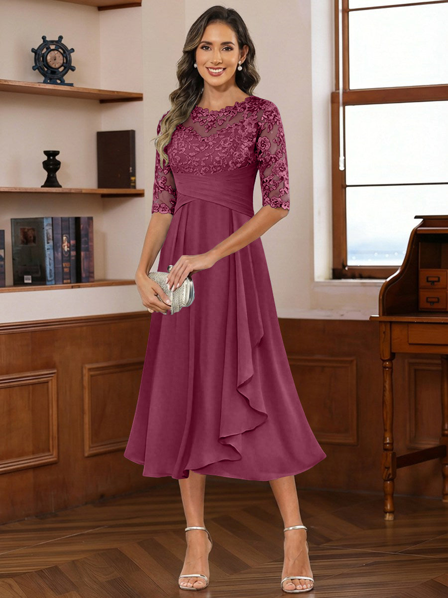 A-Line/Princess Scoop Illusion Lace Appliques Tea-Length Mother of the Bride Dresses with Pleated Ruffle