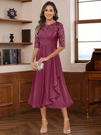 A-Line/Princess Scoop Illusion Lace Appliques Tea-Length Mother of the Bride Dresses with Pleated Ruffle