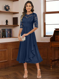 A-Line/Princess Scoop Illusion Lace Appliques Tea-Length Mother of the Bride Dresses with Pleated Ruffle