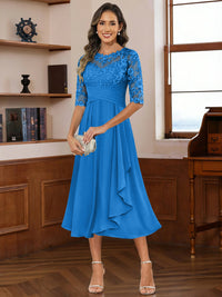 A-Line/Princess Scoop Illusion Lace Appliques Tea-Length Mother of the Bride Dresses with Pleated Ruffle