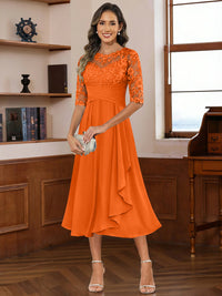 A-Line/Princess Scoop Illusion Lace Appliques Tea-Length Mother of the Bride Dresses with Pleated Ruffle