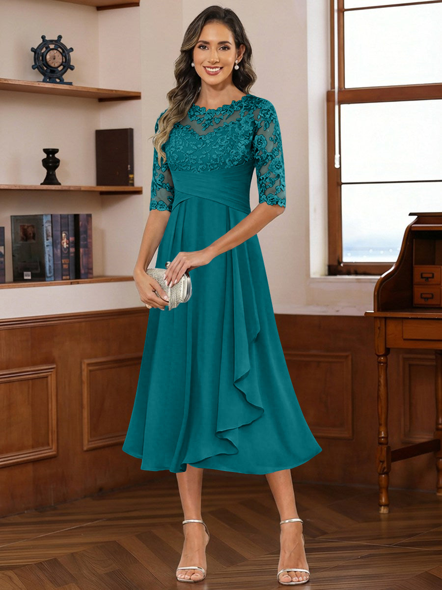 A-Line/Princess Scoop Illusion Lace Appliques Tea-Length Mother of the Bride Dresses with Pleated Ruffle