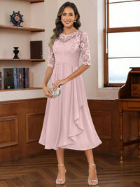 A-Line/Princess Scoop Illusion Lace Appliques Tea-Length Mother of the Bride Dresses with Pleated Ruffle