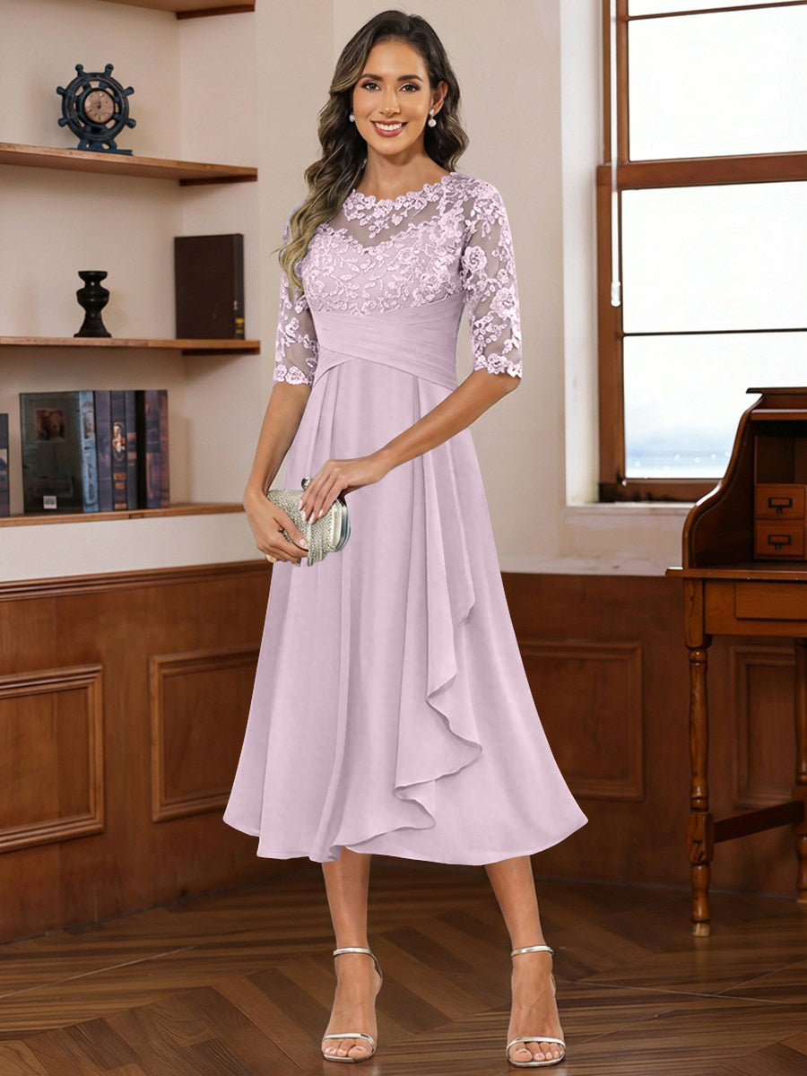 A-Line/Princess Scoop Illusion Lace Appliques Tea-Length Mother of the Bride Dresses with Pleated Ruffle