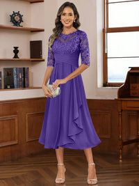 A-Line/Princess Scoop Illusion Lace Appliques Tea-Length Mother of the Bride Dresses with Pleated Ruffle