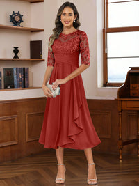 A-Line/Princess Scoop Illusion Lace Appliques Tea-Length Mother of the Bride Dresses with Pleated Ruffle